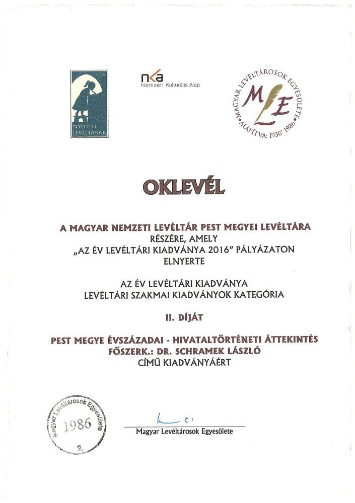 Pest megye evszazadai oklevel